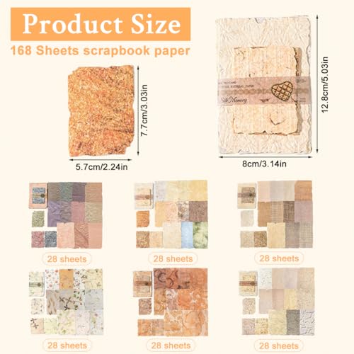 Image of ZIBUYU 168Pcs Handmade-Style Craft Paper (6 Designs), Vintage Textured Scrapbooking Papers Set, Embossed Floral Decorative Craft Paper sheets for Junk Journals, Scrapbooking, Collage & DIY