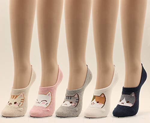 WOWFOOT Women Animal Design No-Show Casual Liner Socks Character Print Non Slip Flat Boat Line 4 Pair (5pairs-Funny Cats)