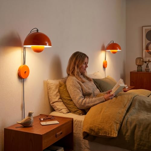 Image of Mid-Century Modern Bud Plug in Wall Sconces for Bedroom, Pastel Orange | Indirect lighting reading wall lamp, all-metal construction, plug-in or hardwired install, fits bedroom bedside, living room