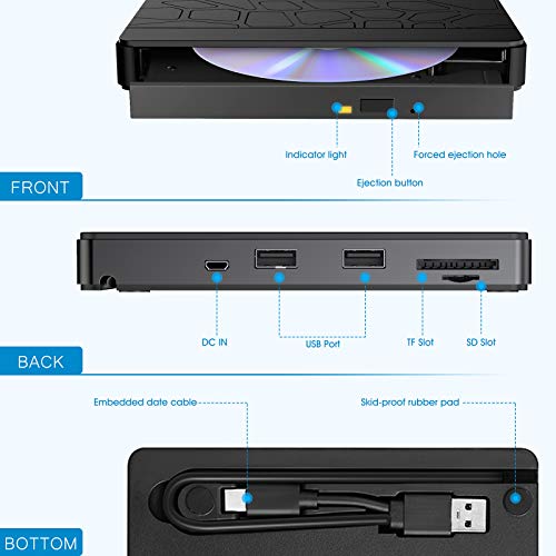 External CD DVD Drive, USB 3.0 Type-C Portable CD/DVD ROM +/-RW Drive/DVD Player Rewriter Burner with 2 USB, SD/TF Port, Micro USB, Compatible with Laptop Desktop PC Windows7/8/10 Linux OS Apple Mac