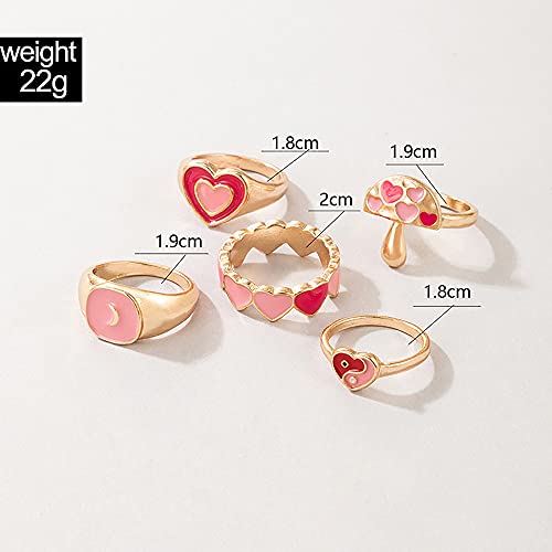 Hujuon 5Pcs Colorful Enamel Love Heart Band Rings Sets,Cute Mushroom Daisy Flower Taiji Yinyang Windmill Butterflye Knuckle Stacking Finger Ring For Women (Style A) #TOP2