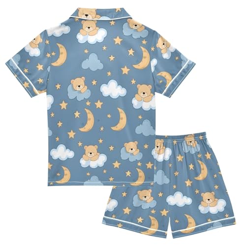 ALAZA Sleeping Bear Moon Star Pajamas Satin Pajama Set Short Sleeve Button Down Sleepwear2