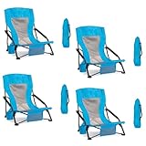 Foristrail Portable Folding Beach Chair for Adults Set of 4- Lightweight Low Back Sling Chair with Cup Holder & Storage Pocket, 300lbs Capacity Camping Chair for Outdoor, Lawn, Concert, Travel (Blue)