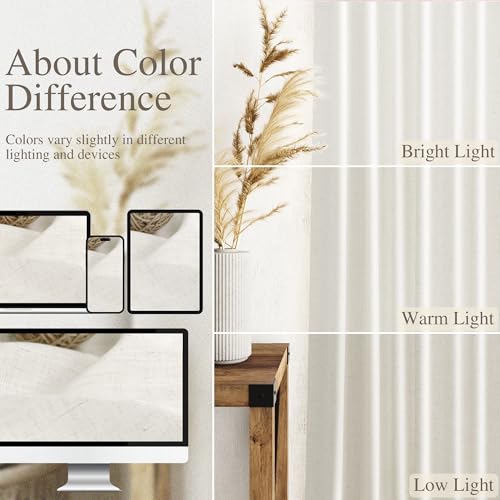 Image of Beige White Linen Curtains 90 Inch Long 2 Panels Set for Bedroom Living Room Beige White Soft Linen Textured Window Drapes Semi Sheer Light Filtering Rod Pocket Back Tab Farmhouse Curtain 52x90