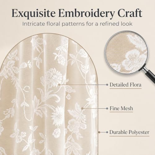 Image of HASTHIP Lace Arched Sheer Curtain Embroidered Rod Pocket Tier | Lightweight and breathable, delicate lace embroidery pattern and machine washable for easy daily maintenance