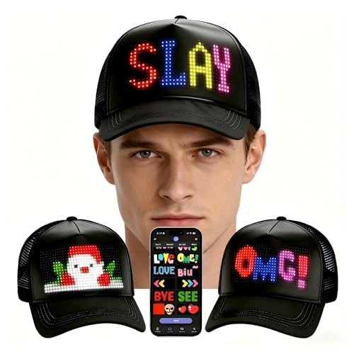 JDVOOTD Programmable LED Hat with Bluetooth App Control Custom Text Message Display Smart Baseball Cap Rave Accessories Party Funny Hats for Men Women Adults Black