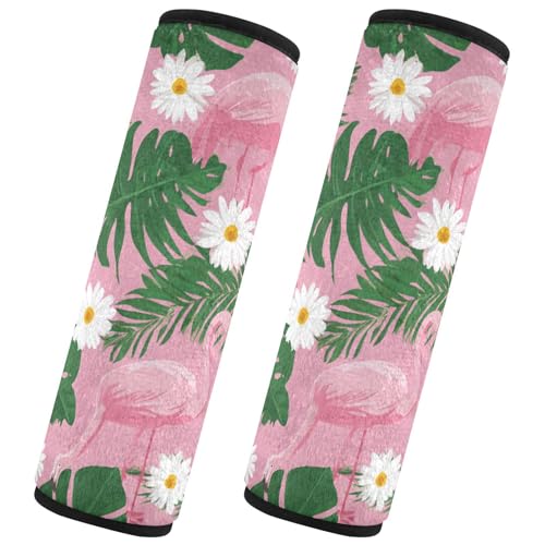 Image of 2 Pack Seatbelt Covers Seat Belt Cover Pad for Adults Boys Girls Car Seat Strap Covers Pads Cushion Universal Shoulder Strap Pad Protector for Backpack Camera Bag 10x7.7Inch Cute Pink Daisy Flamingos