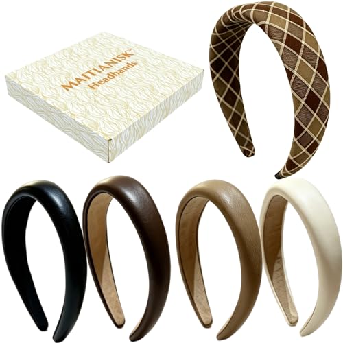 MAITIANISK Headbands for Women Girls Cute Wide leather Hair Bands Set Pack in Brown Black White Non Slip Soft Thick Fashion Trendy Comfortable Fabric Hair Accessories for Daily Use 5PCS