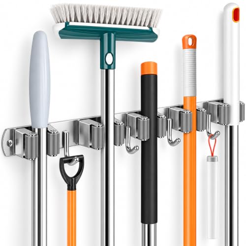 UNIFUN Broom Holder Wall Mount, 5 Racks 4 Hooks, Stainless Steel Organizer