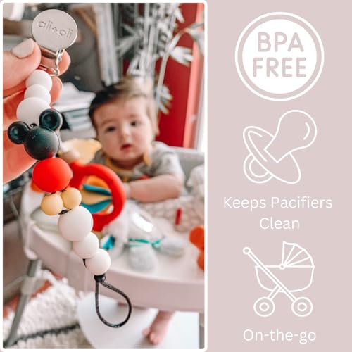 Image of Ali+Oli Silicone Pacifier Clip for Baby (Mouse) 100% Food-Grade BPA Free Newborn Pacifier Holder Infant Binky Clip for Baby Boy or Girl | Food-grade material, Keeps soothers within reach, Secure attachment, Lightweight, Everyday use, Easy cleaning