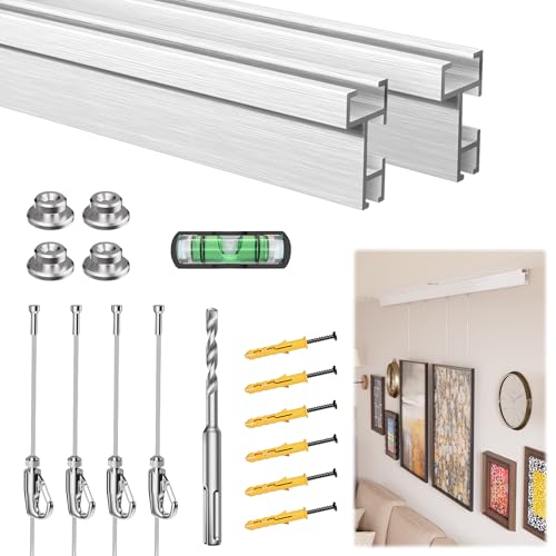 Picture Rail Hanging System 47 inch - Heavy Duty Picture Hanging Kit Mounted on Wall/Ceiling with 2 Picture Rails 47 inch, 4 Nylon Cords, 4 Hooks, Hardwares for Home, Office, Museum, Art Galleries