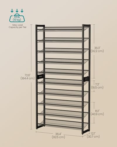 SONGMICS Shoe Rack, 10-Tier Shoe Organizer, Metal Rack for Garage, Set of 2, 5-Tier Stackable Shelf, with Adjustable Flat or Angled Shelves, 40-50 Pairs, Ink Black ULMR010B01