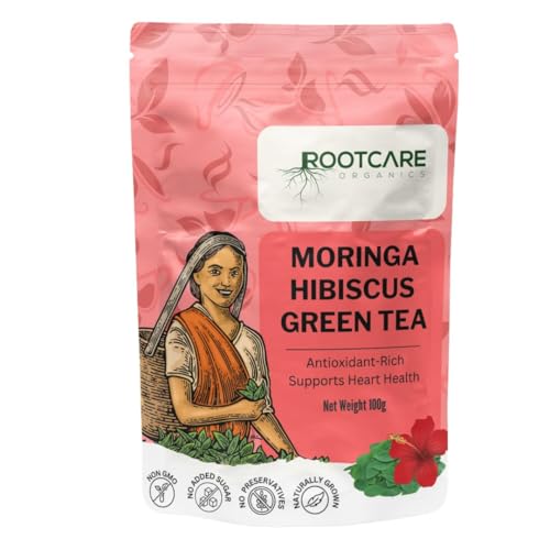Image of Rootcare Organics green tea Moringa Hibiscus Herbal Tea 100g Pack Of 1 Month Antioxidant-Rich Supports Heart Health Caffeine-Free Aids Digestion Detoxification Loose Leaves Herb Blend