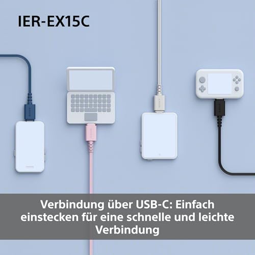 Sony IER-EX15C USB-C kabelgebundene In-Ear Kopfhörer mit Mikro - kompatibel mit Android, iOS, Tablet, Laptop & PC - verwicklungsfreies Kabel, kraftvolle Bässe - perfekt für Reisen & Alltag - Blau