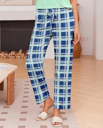 Image of Ekouaer Pajama Sets for Women Round Neck Pjs Short Sleeve Sleepwear with Long Pants Loose Lounge Sets Blue White Plaid Large