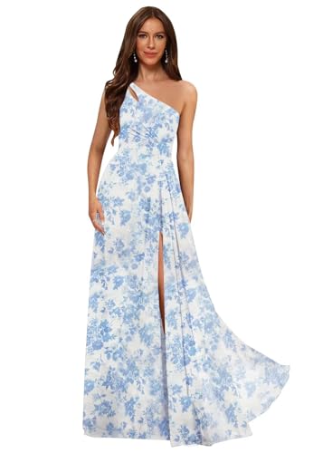homdor Floral Light Blue Chiffon Bridesmaid Dresses Long with Slit One Shoulder Prom Dresses Pleated...