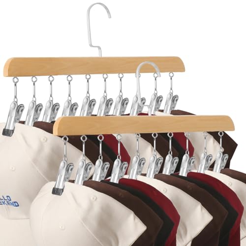 YYLDPBD Hat Hangers for Closet, Hat Organizer for Baseball Caps, 2 Pack Hat Rack with 10 Traceless Clips Fits All Caps & Pants, 360° Swivel Big Hook Closet Organizer and Storage (Natural Wood Color)