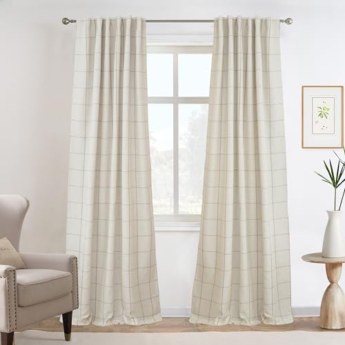 Image of DriftAway 100% Blackout Windowpane Plaid Linen Curtains Double Layer Farmhouse Drapes 96 Inches Long for Living Room Bedroom Yarn Dyed Woven Thermal Insulated Rod Pocket Back Tab 2 Panels Taupe