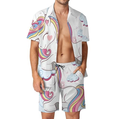Chemise Hawaïenne Homme Ensemble 2 Pièces Licorne Nuage Blanc Short Pantalon Plage S