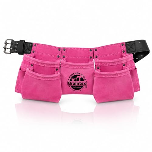 Graintex DS2139 :: 9 Pocket Children Tool Belt Pink Color Suede Leather Kids Real Tool Belt Boys and Girls Tool Apron for Home Improvement 1.1/2 Leather Belt Hammer Loops
