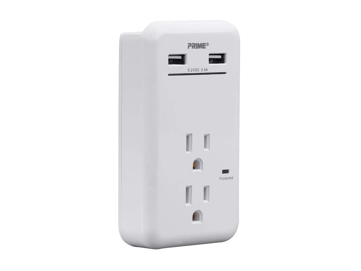 Monoprice 2 Outlet Power Surge Protector Wall Tap with 2 Built in 3.4A USB Charging Ports - White | ETL Rated 450 Joules with Red & Green Protected/Charging Light Indicators
