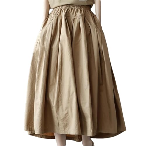 Womens Spring Solid Loose Leisure A-Line Skirts Ladies Elastic Length Mid-Calf Skirt