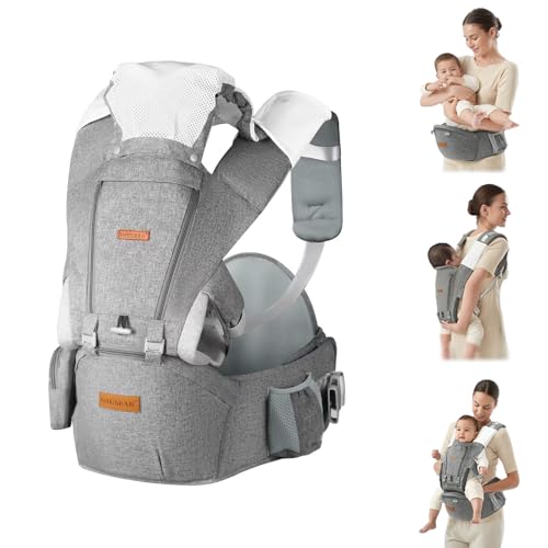 Baby Carrier Newborn to Toddler with Hip Seat & Lumbar Support, 9-in-1 Safety-Certified Wrap Carrier (4-36 Months/7-45lb) - Breathable Mesh Ergonomic Design for Front/Back/Hip Carry, Grey