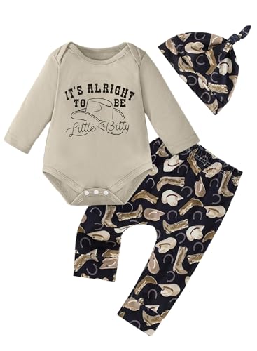 Image of BOMDEALS Newborn Baby Boy Western Outfits - Country Cowboy Hat Print Romper Pants with Hat Fall Winter Infant Clothes Set