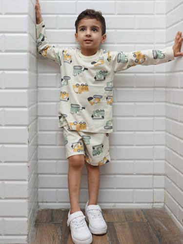 Image of Nap Chief Unisex Kid Cotton Trucks AOP Clothing Set - (NC1029Y Beige 5-6 Years)