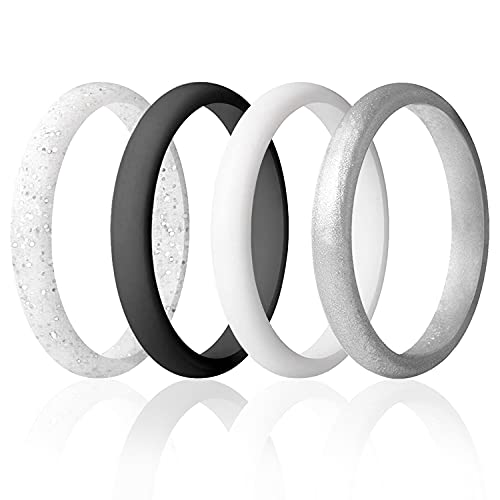 ROQ Silicone Rubber Wedding Ring for Women, Thin Stackable, Pave Knife Edge, 2.5mm Wide, 2mm Thick, Black, Marble White-Black