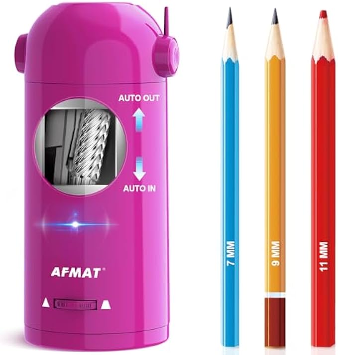 AFMAT Electric Pencil Sharpener for Colored Pencils, Fully Automatic Robot Pencil Sharpener, Auto in & Out, Rechargeable Hands-Free Pencil Sharpener for 7-11.5mm Jumbo Pencils, Home, Classroom