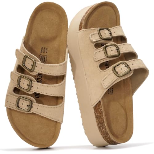 Image of Project Cloud 100% Genuine Leather Platform Sandals Women Footwear - Comfortable Womens Slides Memory Foam Insole - Non Slip Water-Resistant 3-Strap Wedge Sandals for Women 2026 (Dyan)