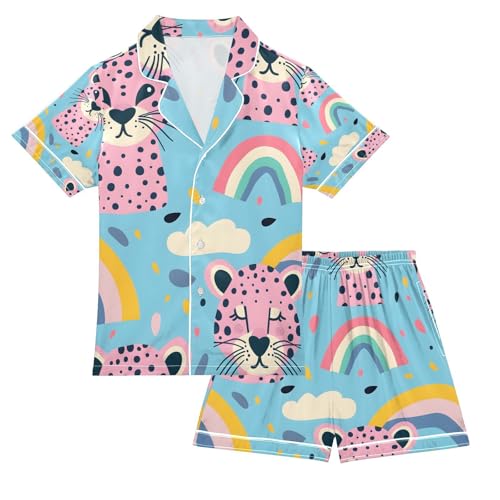senya Leopard and Rainbow Satin Summer Pajama Sets Silk Short Sleeve Button Down Sleepwear