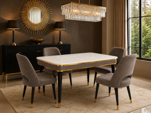 Image of WOODEN SPACE 4 Seater Wooden Dining Table Set | Urban Marble Top Dining Table with Chairs for Dining Room & Kitchen (Modern Vintage Brown) (54 x 36 x 30 inch)