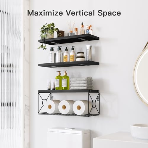 Pipishell Floating Shelves with Wire Strorage Basket, Paulownia Wood Floating Shelves for Home Organization & Wall Decor - Image 2