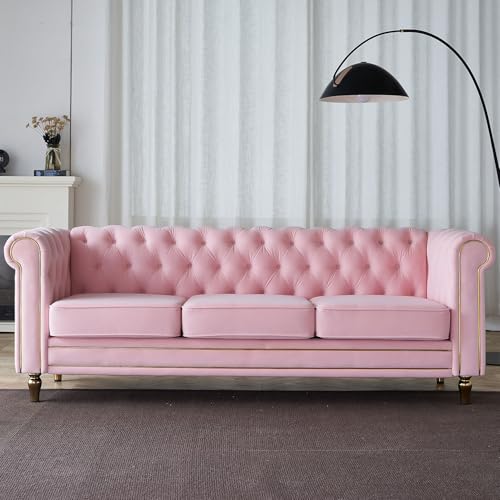 Image of KEIKI 85 inch Chesterfield Velvet Tufted Button Sofa with Deep Seat Cushions and Rolled Arms, Modern Style 3-Seater Couch Decorated with Gold Strip, Easy Assembly, for Living Room, Bedroom, Office, Pink