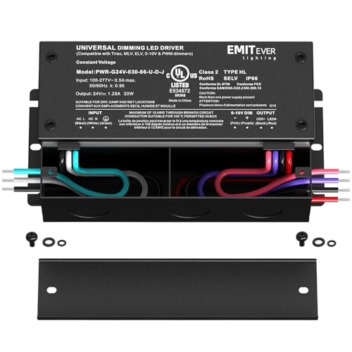 EMITEVER 30W Dimmable LED Driver, 24V Triac Dimmable Power Supply, AC to DC Transformer for LED Light, Compatible with Lutron and Leviton Dimmer, Waterproof IP67 and UL Listed, Class 2