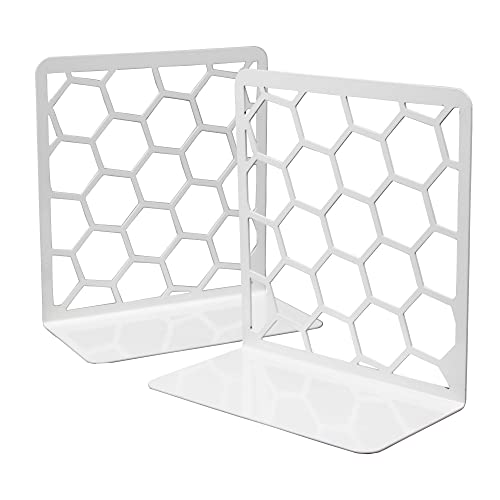 Image of Spillbox Metal Non Slip Bookends Book Shelves | Shelf | Study Table | Home Decor | Holders | Case | Bracket | Stand | Heavy Duty | Set | Book Ends for Office, Home - White Hexagon