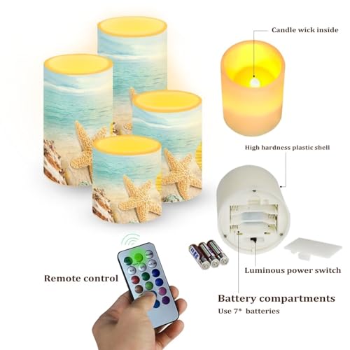 Image of Flameless Candles Battery Powered LED Candles with Remote Timer Color Changing Control Long Lasting for Indoor Outdoor Beach Home Decoration Set of 4, Coastal Starfish Blue Sea