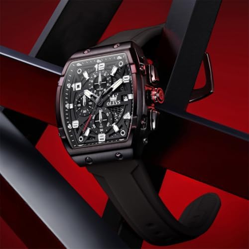 OLEVS Mens Black Watch Luxury Dress Stainless Steel Watches Large Chronograph Silicone Strap Waterproof Square Watch for Men - 5