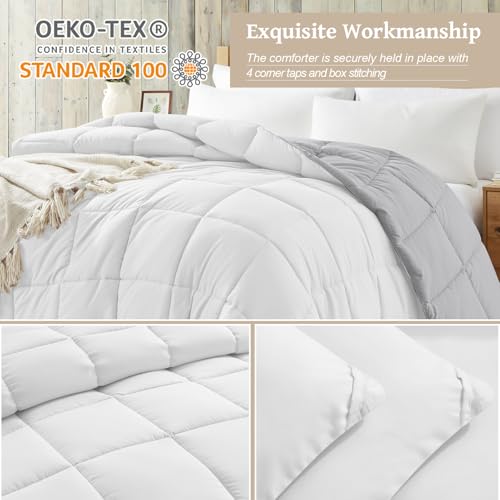 Image of Homelike Moment Queen Lightweight Comforter Duvet Insert Down Alternative Bed Comforters with Corner Tabs, All Season Full Size Blanket Reversible Comforter White /Light Grey