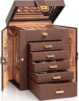AKOZLIN Jewelry Box Organizer Functional Leather Jewelry Storage Case for Women Girls Ring Necklace Earring Bracelet Holder Organizer with Mirror Brown