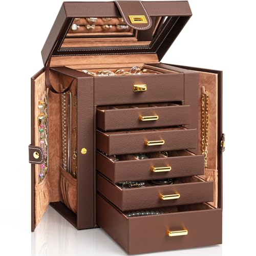 AKOZLIN Jewelry Box Organizer Functional Leather Jewelry Storage Case for Women Girls Ring Necklace Earring Bracelet Holder Organizer with Mirror Brown