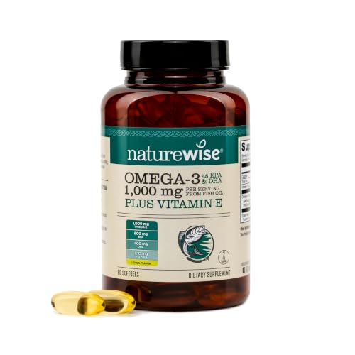NatureWise Extra-Strength Omega 3 Fish Oil Supplement - 1000mg per Serving - 600 EPA & 400 DHA and Vitamin E - Support for Heart & Brain Health - Lemon Flavor Non-GMO - 60 Softgels[1-Month Supply]