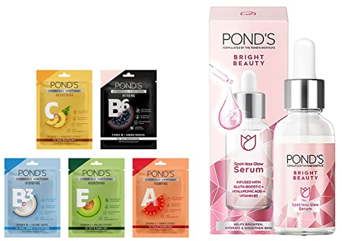 Image of Pond's Bright Beauty Spot-less Glow Serum, 30ml & POND'S Vitamin Sheet Mask, Pack of 5, With 100% Natural Extracts, 15x Serum, Paraben Free, Biodegradable Fabric, 25 ml, 1 Count (Pack of 5)