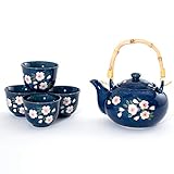 Japanese Style Indigo Blue Porcelain Plum Blossom Umei Tea Set Ceramic Teapot with Rattan Handle and 4 Tea Cups Gift Packaging