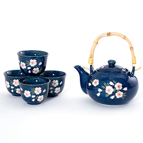 Japanese Style Indigo Blue Porcelain Plum Blossom Umei Tea Set Ceramic Teapot with Rattan Handle and 4 Tea Cups Gift Packaging