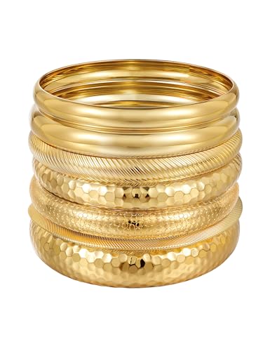 YEEZII Gold Bangle Bracelets for Women, 7Pcs 14K Gold Plated Boho Indian Multi Stackable Textured...