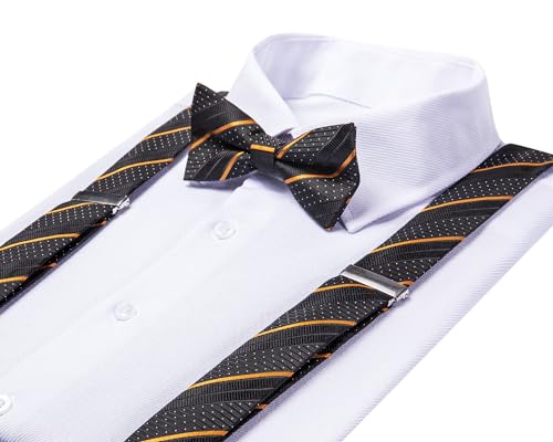 Image of Hi-Tie Black and Gold Mens Stripe Suspender and Pre-Tied Bow Tie Set with Pocket Square Adjustable 6 Clips Y Shape Suspender for Wedding Prom