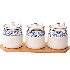 Vintage handgeschilderde keramische kruidenpot,porselein kruiderij jar spice container met deksels,lepels,houten…